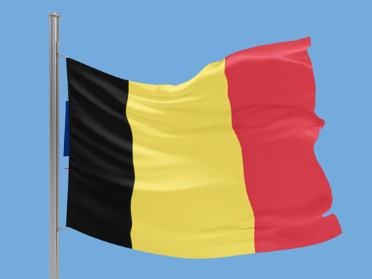 Flag of Belgium waving against a clear blue sky