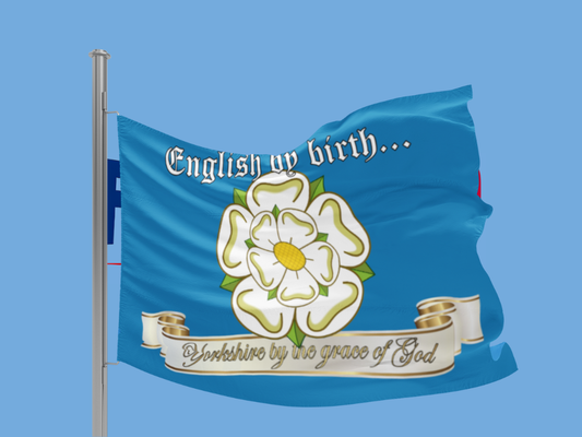 Flag with a white rose emblem and text on a blue background