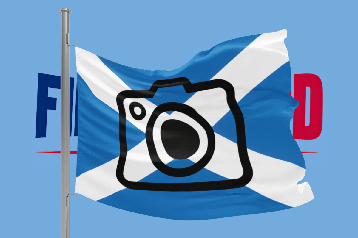 Flag with a camera icon and visible branding on a blue background