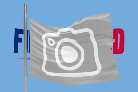 Flag with a camera symbol and partially visible text on a blue background