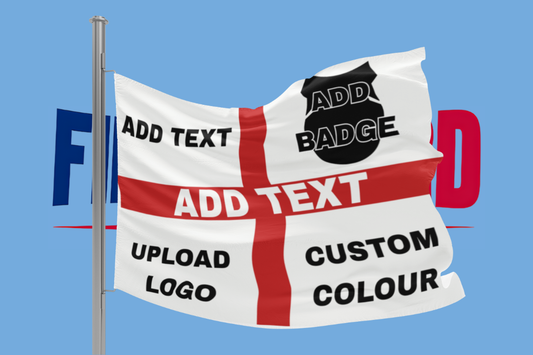 Promotional graphic of a customizable flag with text options on a blue background