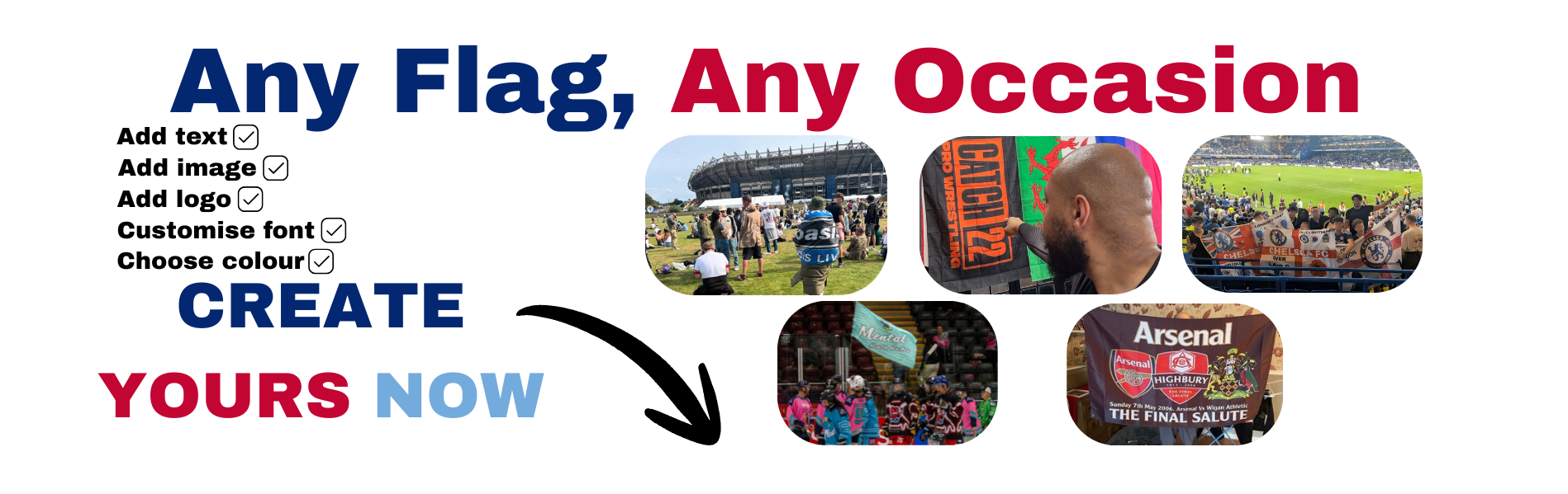 Promotional banner for a customizable flag service with images of people and text options.