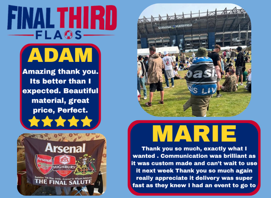 Promotional graphic for 'Final Third Flags' with customer reviews and images of flags and a stadium.