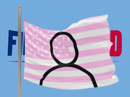 Pink and white striped flag with a black silhouette of a person on a blue background