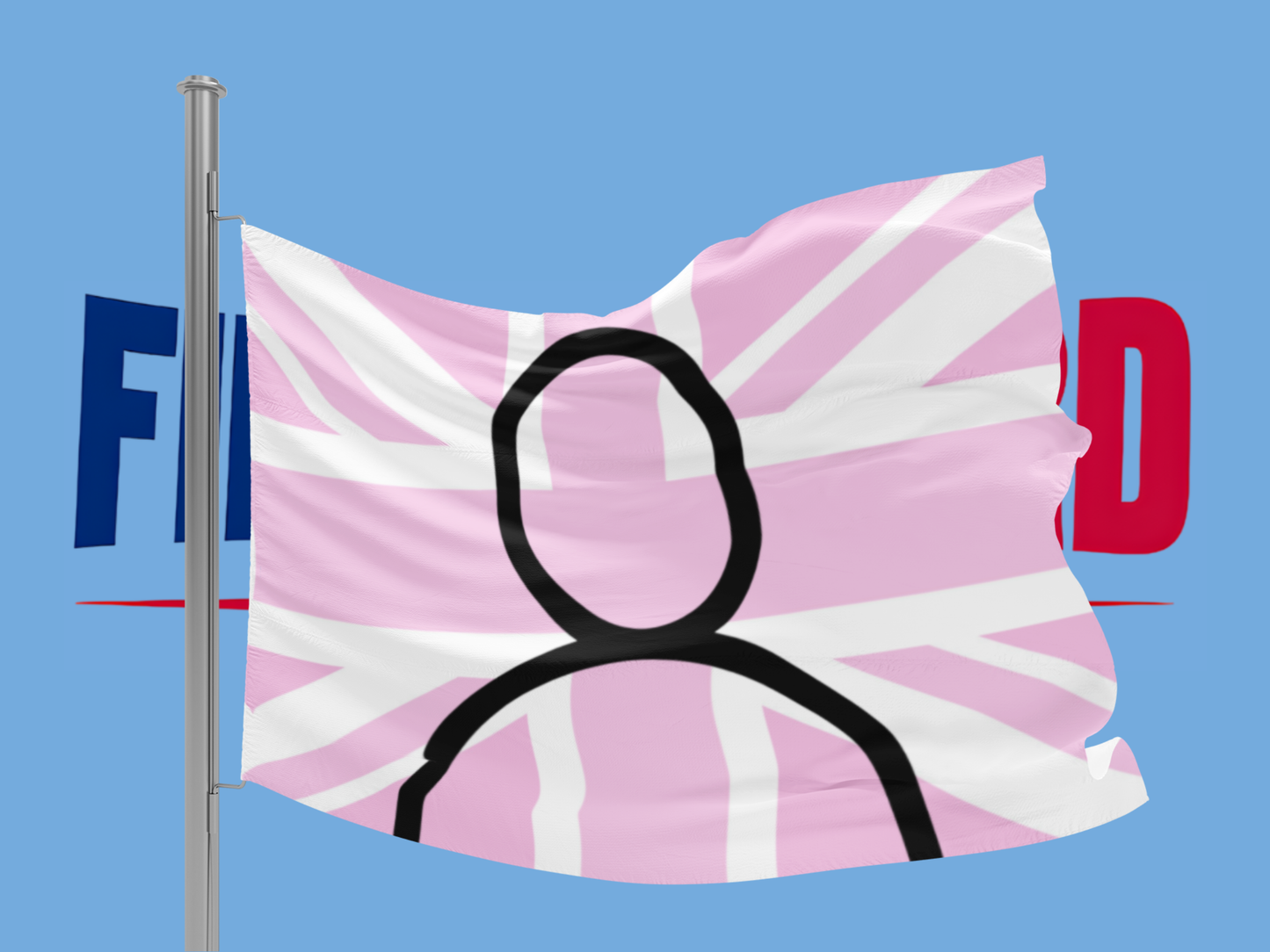 Flag with a pink and white design and a black silhouette of a person against a blue background.