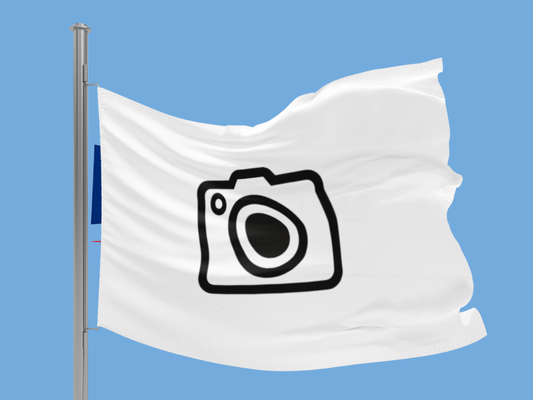 White flag with a black camera icon on a blue background