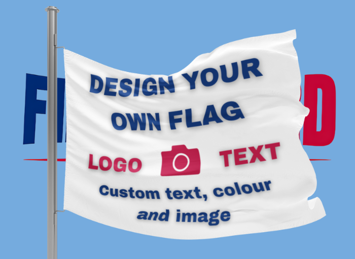 White flag with text and icons on a blue background, featuring customization options.